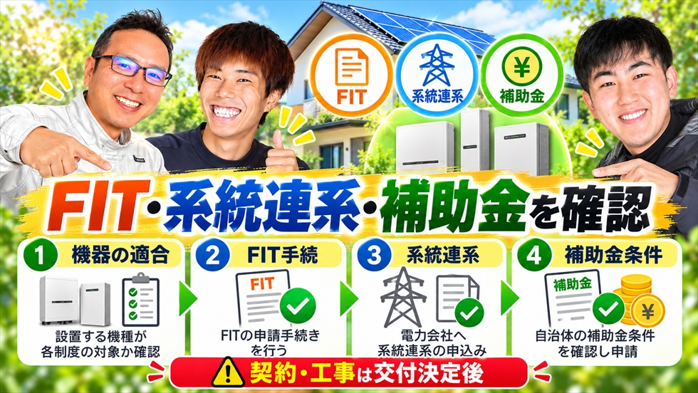 蓄電池後付け時に確認したい機器の適合、FIT手続き、系統連系、補助金条件の流れ