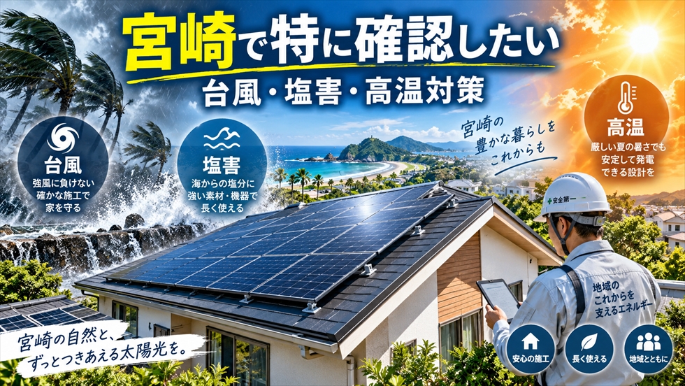 宮崎で太陽光発電を設置する際に確認したい台風・強風、塩害、高温への対策を示すイラスト