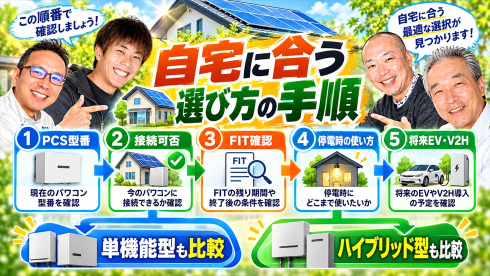 PCS型番、接続可否、FIT、停電時の使い方、将来のEV・V2Hから自宅に合う蓄電池を選ぶ手順