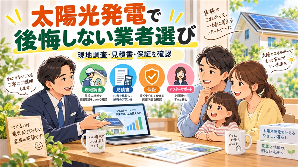 太陽光発電の施工業者を選ぶ際に、現地調査・見積書・保証・アフターサポートを確認するイラスト
