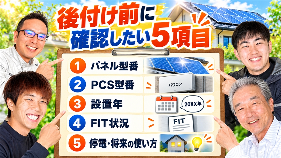 太陽光パネル型番、PCS型番、設置年、FIT状況、停電時や将来の使い方の5項目を確認するチェック画像