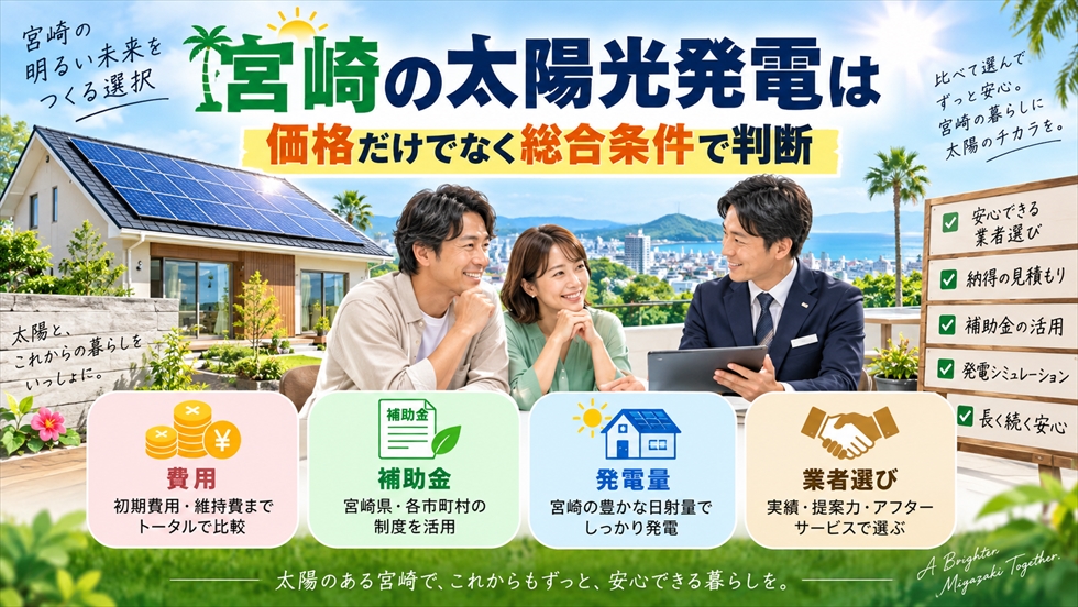 宮崎の太陽光発電を、費用・補助金・発電量・業者選びなどの総合条件で比較して判断するイラスト