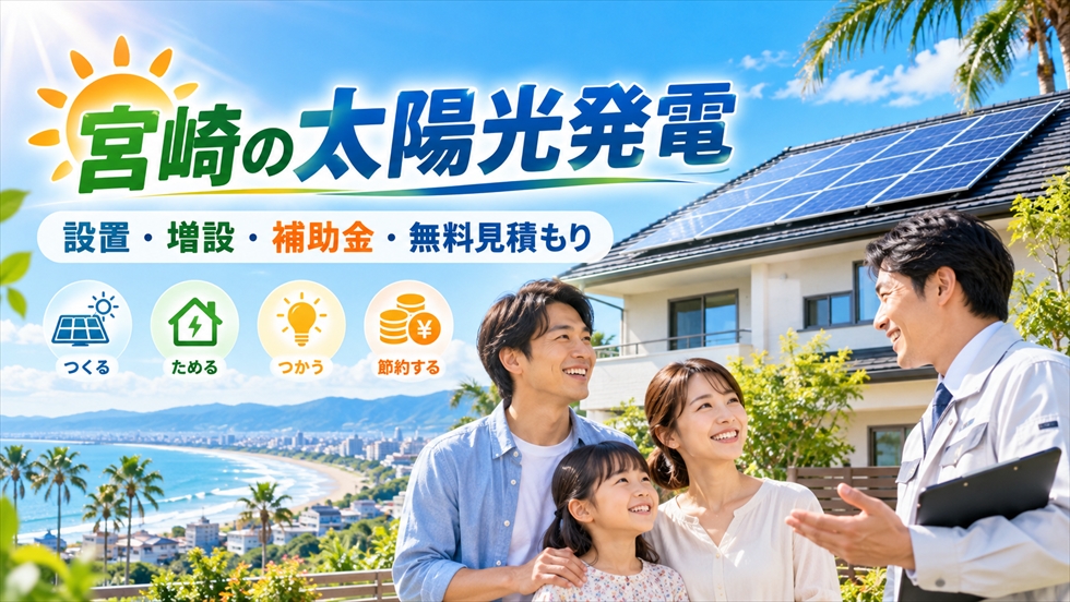 宮崎の住宅で太陽光発電を設置し電気代対策や自家消費を検討する家族のイメージ