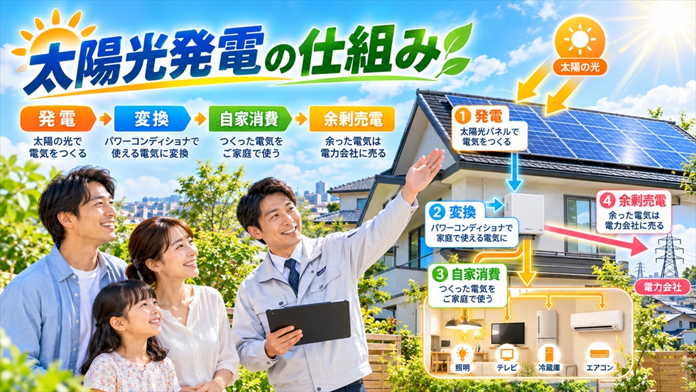 太陽光パネルで発電した電気をパワコンで変換し家庭で自家消費・余剰売電する仕組みのイメージ