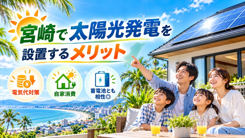 宮崎で太陽光発電を設置し電気代削減・自家消費・蓄電池連携を検討する家族のイメージ