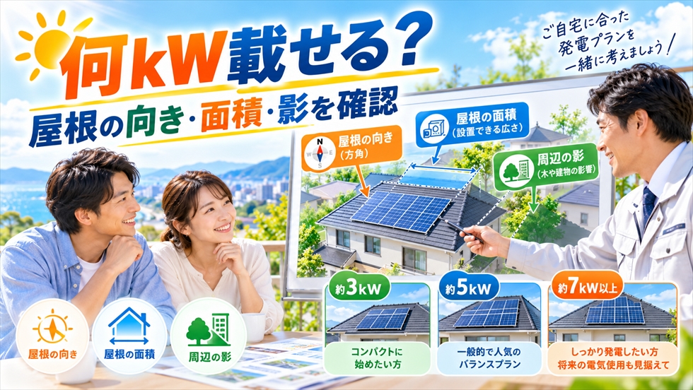 太陽光発電の設置容量を屋根の向き・面積・周囲の影から検討する住宅プランのイメージ