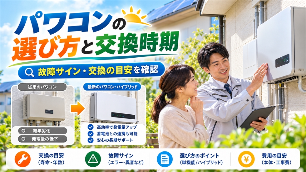 太陽光発電のパワーコンディショナの故障サイン・交換時期・機種選びを確認するイメージ