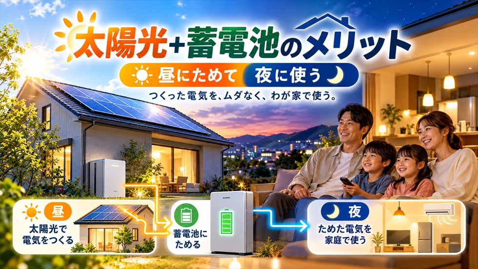 太陽光発電で昼間につくった電気を蓄電池にためて夜間に自家消費する住宅のイメージ