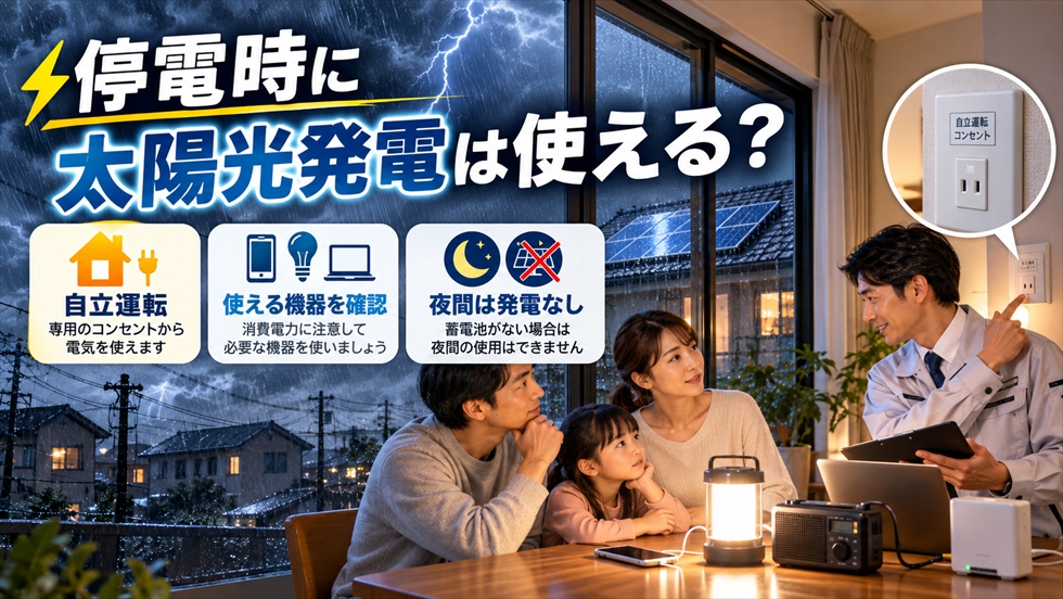 停電時に太陽光発電の自立運転コンセントを使う方法と夜間は発電できない点を説明するイメージ