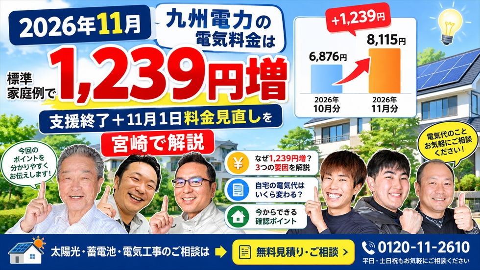 宮崎の家庭で契約プラン・使用量・太陽光の買電発電売電を確認するスタッフ