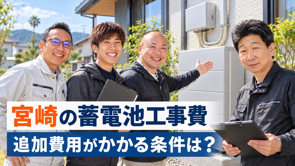 宮崎の住宅に設置された家庭用蓄電池と、工事費や追加費用の条件を案内するコトブキ光熱のスタッフ4名