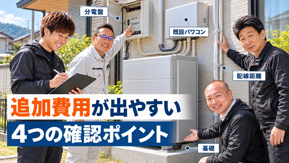 家庭用蓄電池の追加工事費に関係する分電盤・既設パワコン・配線距離・基礎を確認する施工スタッフ