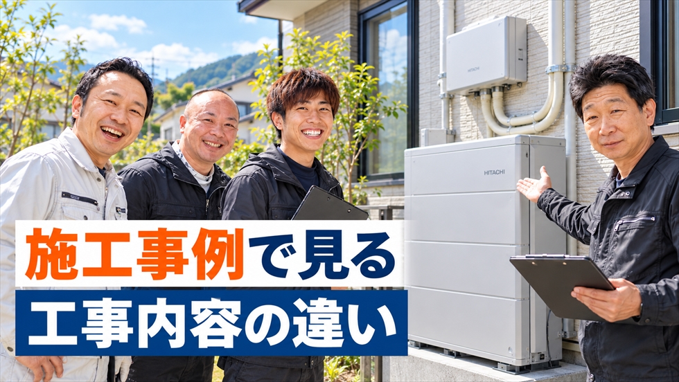宮崎の戸建て住宅に設置された家庭用蓄電池とパワコンをスタッフが紹介する施工内容説明用イメージ