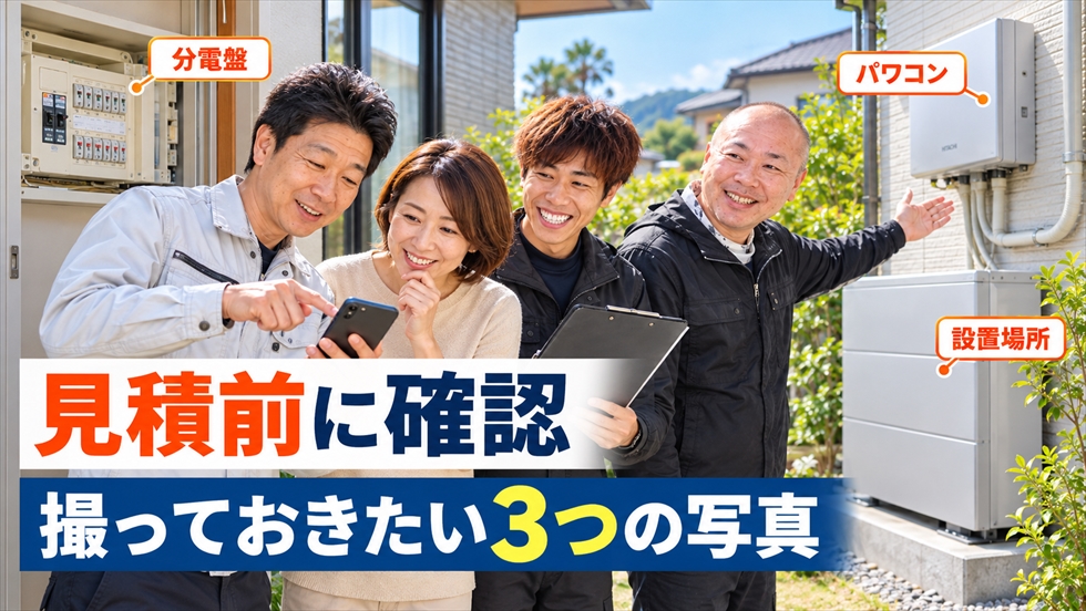 蓄電池の工事費見積もりに必要な分電盤・既設パワコン・設置予定場所をお客様と確認するスタッフ
