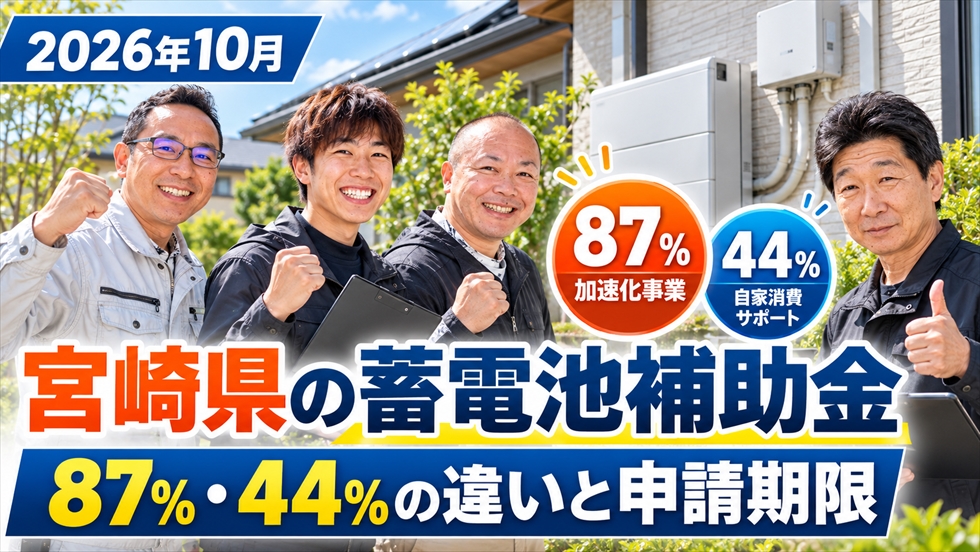 宮崎県の蓄電池補助金2026年10月最新情報。予算進捗87％・44％の違いと申請期限を案内するコトブキ光熱のスタッフ4名