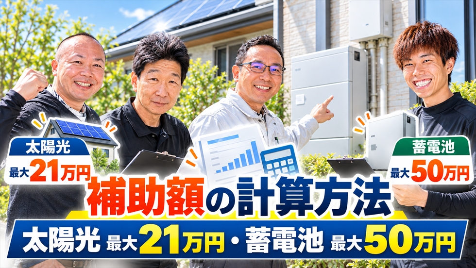 宮崎県の太陽光発電最大21万円・家庭用蓄電池最大50万円の補助上限と計算方法を解説するコトブキ光熱のスタッフ4名