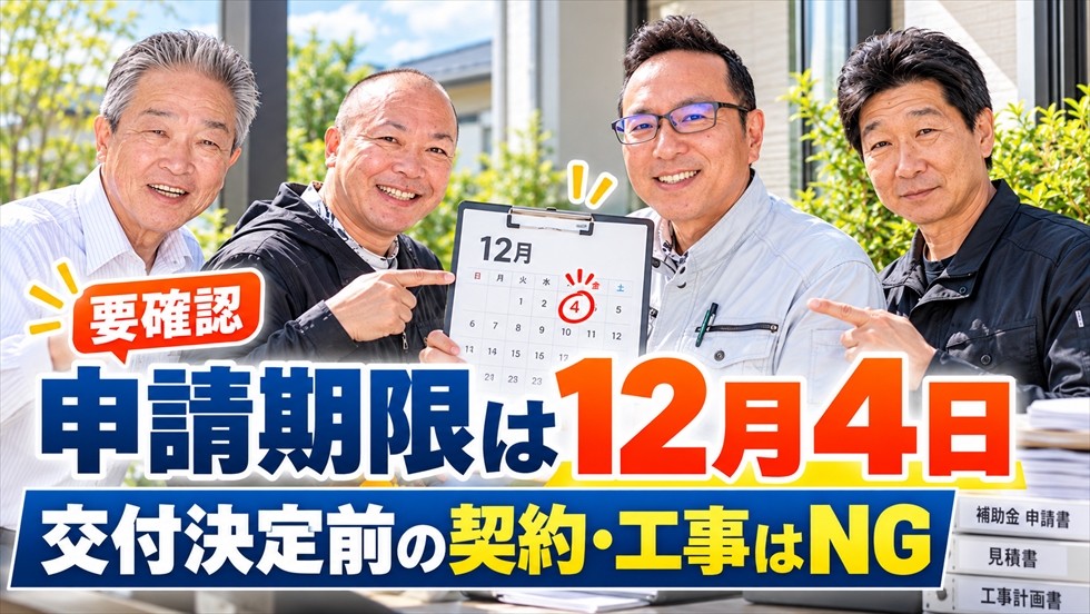 宮崎県の蓄電池補助金の申請期限2026年12月4日と、交付決定前の契約・工事禁止を案内するコトブキ光熱のスタッフ4名