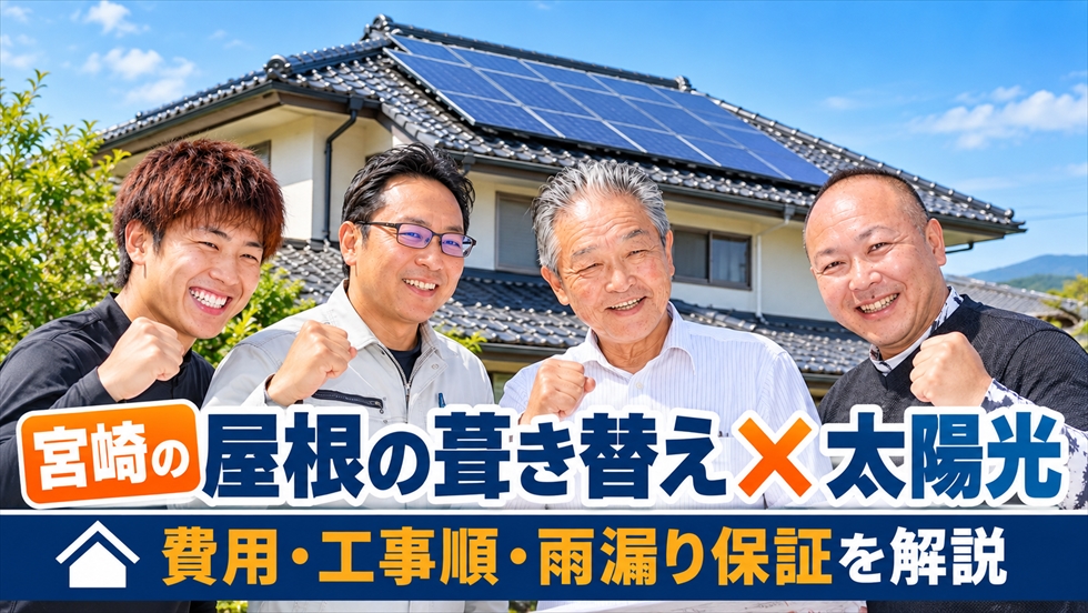 宮崎の屋根葺き替えと太陽光発電の同時施工について、費用・工事順・雨漏り保証を紹介するコトブキ光熱スタッフ4名のサムネイル
