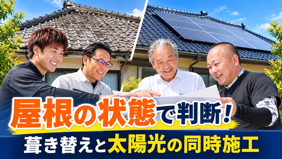 屋根の老朽化と太陽光設置後の住宅を比較し、葺き替えと太陽光の同時施工を屋根の状態から判断する説明画像