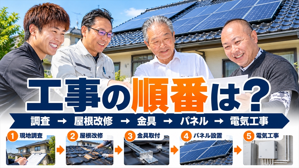 屋根葺き替えと太陽光発電の同時施工で行う現地調査、屋根改修、金具取付、パネル設置、電気工事の順番