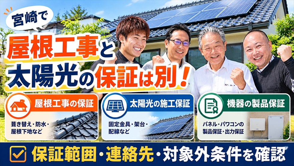 屋根工事の保証・太陽光の施工保証・機器の製品保証は別であることと、保証範囲や対象外条件を確認する説明画像