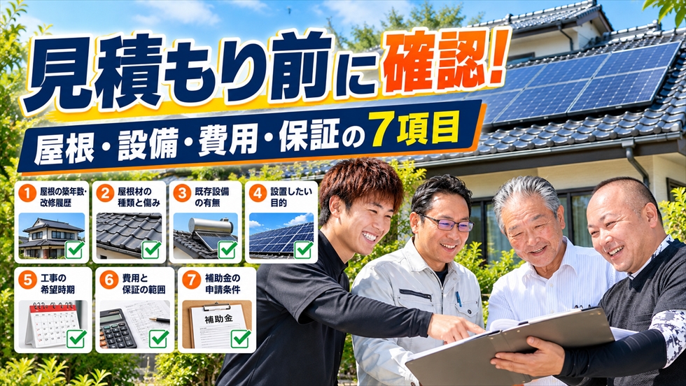 屋根葺き替えと太陽光の見積もり前に、築年数・屋根材・既存設備・導入目的・時期・費用保証・補助金の7項目を確認する画像