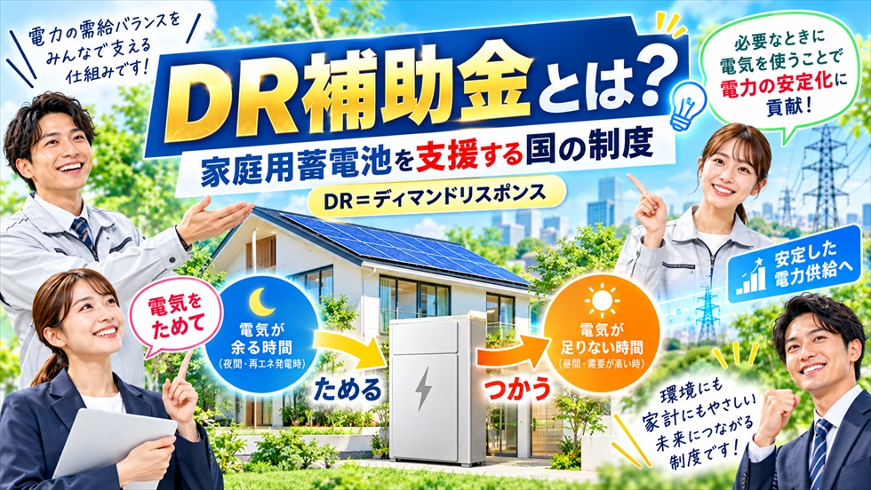 DR補助金とは何かを、家庭用蓄電池を支援する国の制度として、電気をためて使う仕組みとともに説明する画像