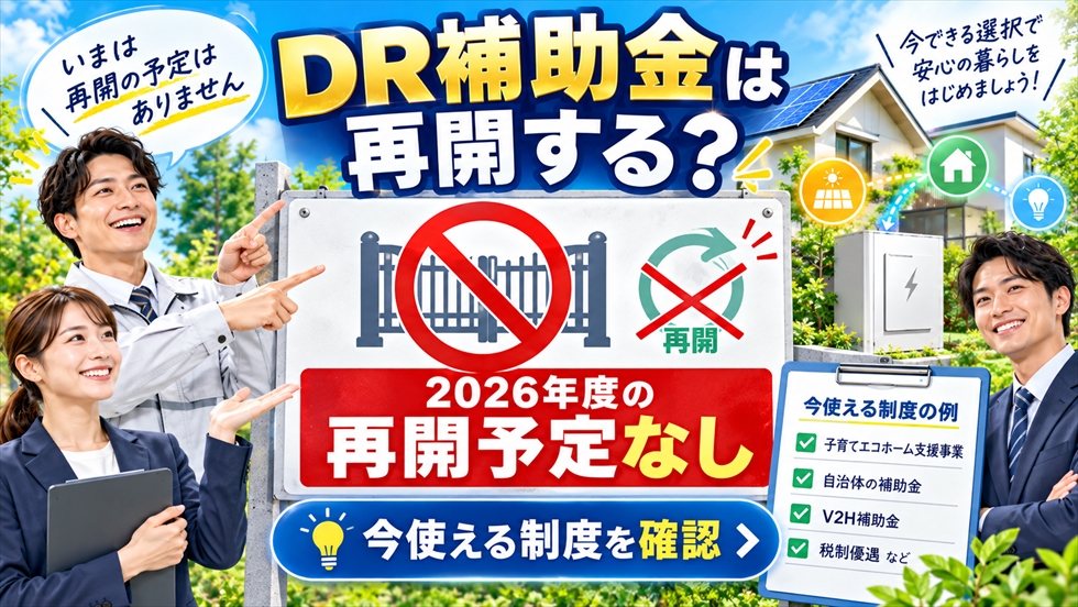 DR補助金は再開するのかについて、2026年度は再開予定なしと今使える制度の例を案内する画像