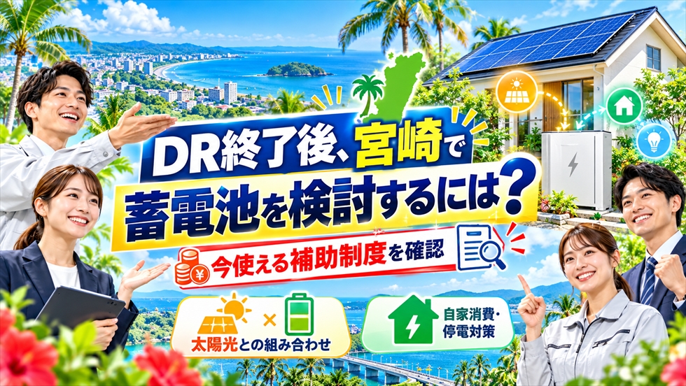 DR補助金終了後に宮崎で蓄電池を検討する方法として、今使える補助制度や太陽光との組み合わせを案内する画像