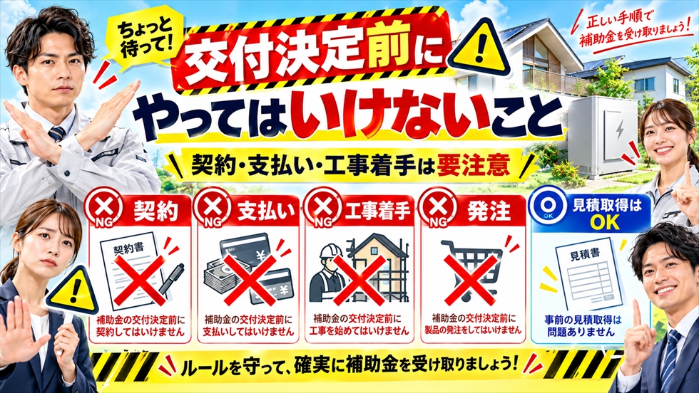 DR補助金で交付決定前にやってはいけないこととして、契約・支払い・工事着手・発注は不可、見積取得は可能と示す注意喚起画像