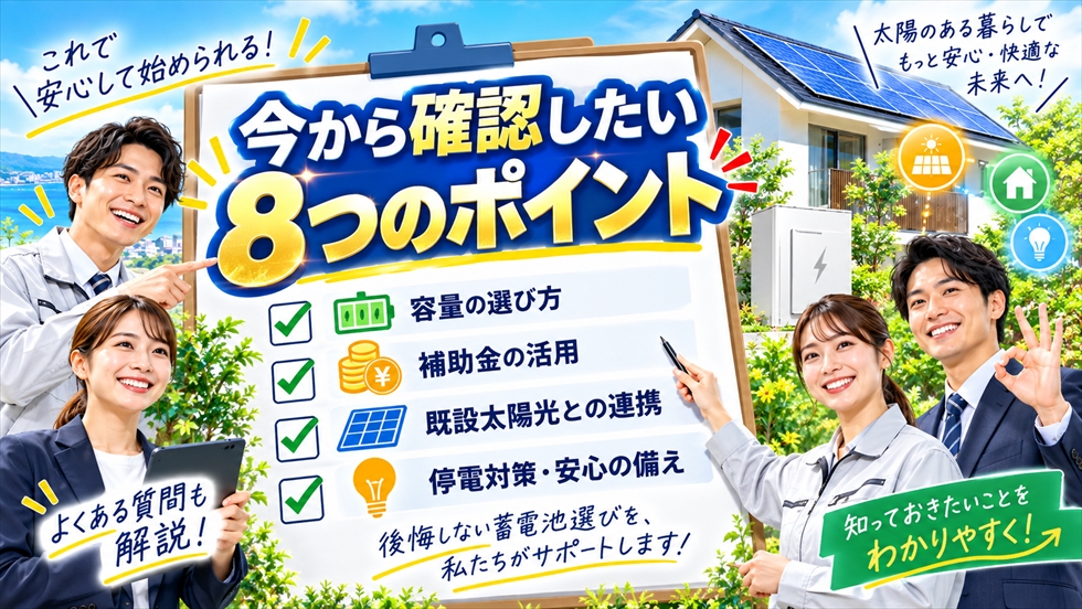 蓄電池導入前に今から確認したい8つのポイントとして、容量選び、補助金活用、既設太陽光連携、停電対策などをまとめた画像