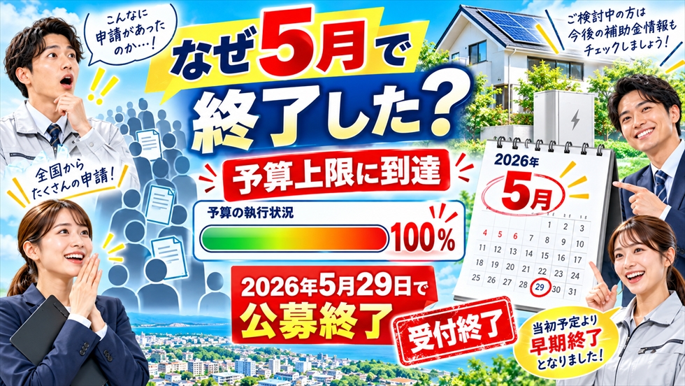 DR補助金が2026年5月で終了した理由として、予算上限到達と5月29日の公募終了を案内する画像