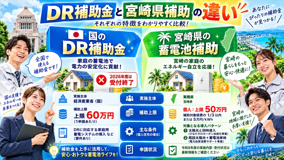 国のDR補助金と宮崎県の蓄電池補助の違いを、実施主体・補助上限・申請条件などで比較した画像