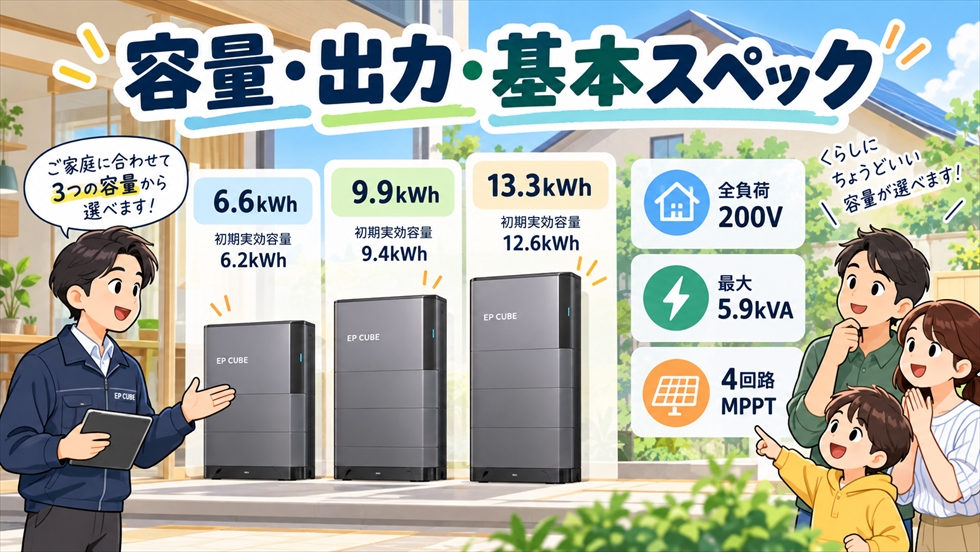 EP Cubeの6.6kWh・9.9kWh・13.3kWhの容量と全負荷200V・最大5.9kVA・4回路MPPTを比較する画像