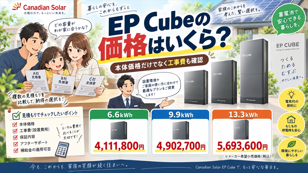 カナディアンソーラーEP Cubeの6.6kWh・9.9kWh・13.3kWhのメーカー希望小売価格を比較する画像