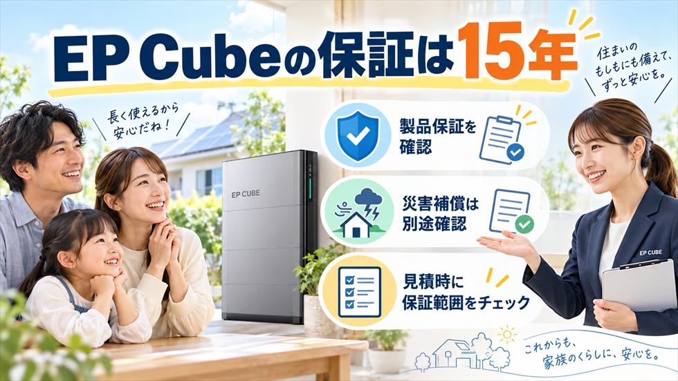 EP Cubeの15年製品保証と自然災害補償を別に確認するポイントを説明する画像