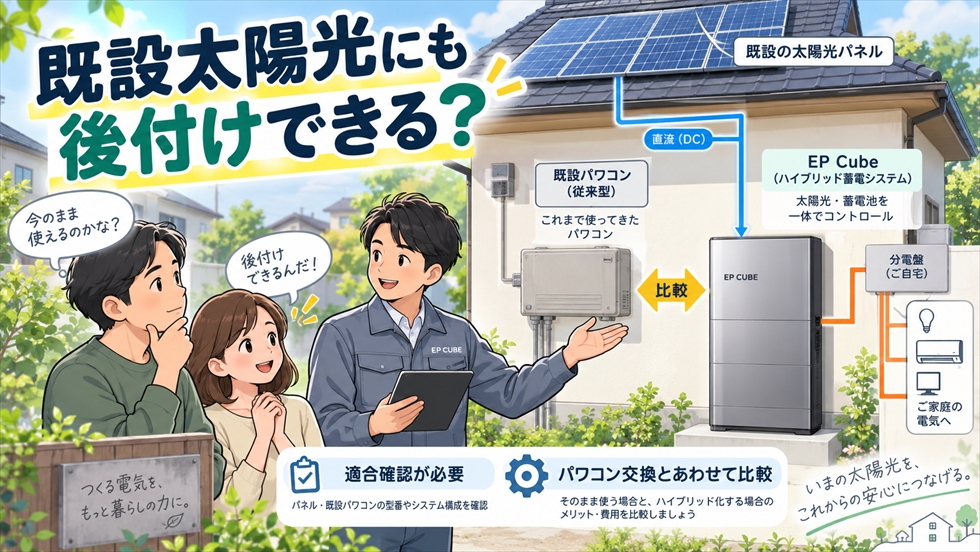 既設太陽光発電にEP Cubeを後付けする際の適合確認とパワコン交換を説明する画像