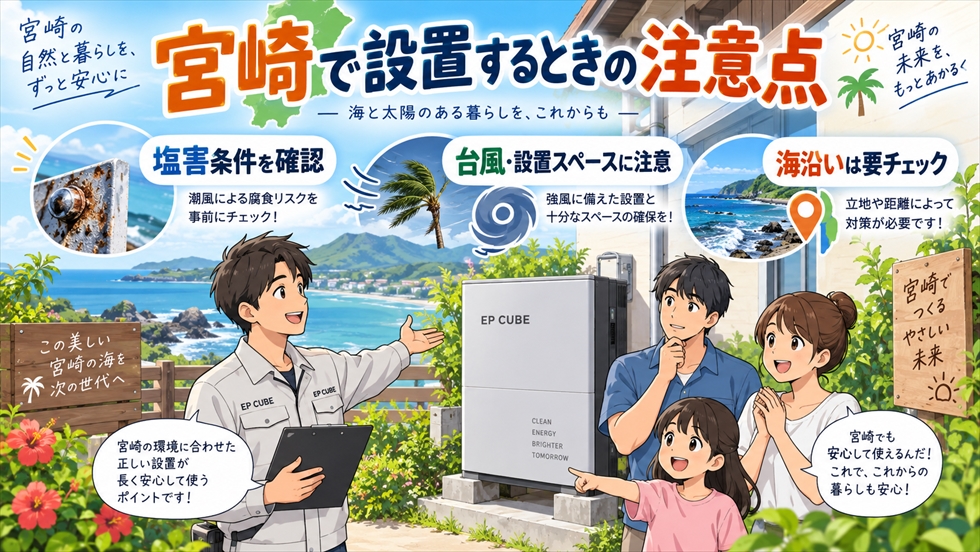 宮崎でEP Cubeを設置する際の塩害・台風・設置スペース・海岸からの距離の注意点を説明する画像