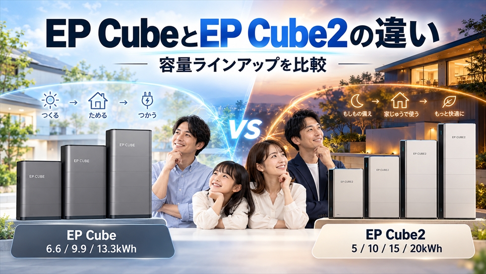 EP Cubeの6.6・9.9・13.3kWhとEP Cube2の5・10・15・20kWhの容量ラインアップを比較する画像