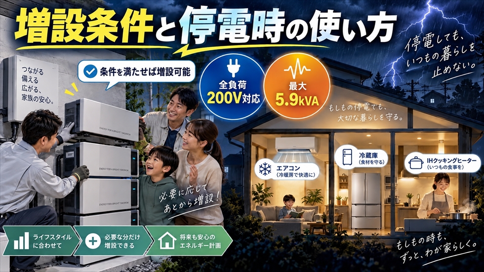 EP Cubeの蓄電池増設条件と停電時の全負荷200V・最大5.9kVA対応を説明する画像