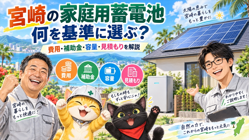 宮崎で家庭用蓄電池を選ぶ際に、費用・補助金・容量・見積もりの確認ポイントを解説するイラスト