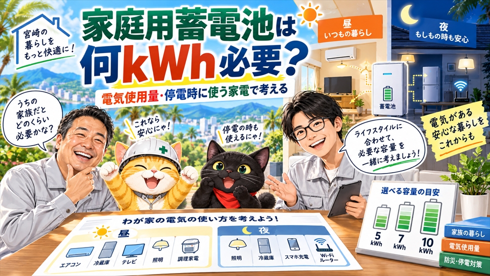 家庭用蓄電池の必要容量を、電気使用量・昼夜の使用状況・停電時に使う家電から考えるイラスト