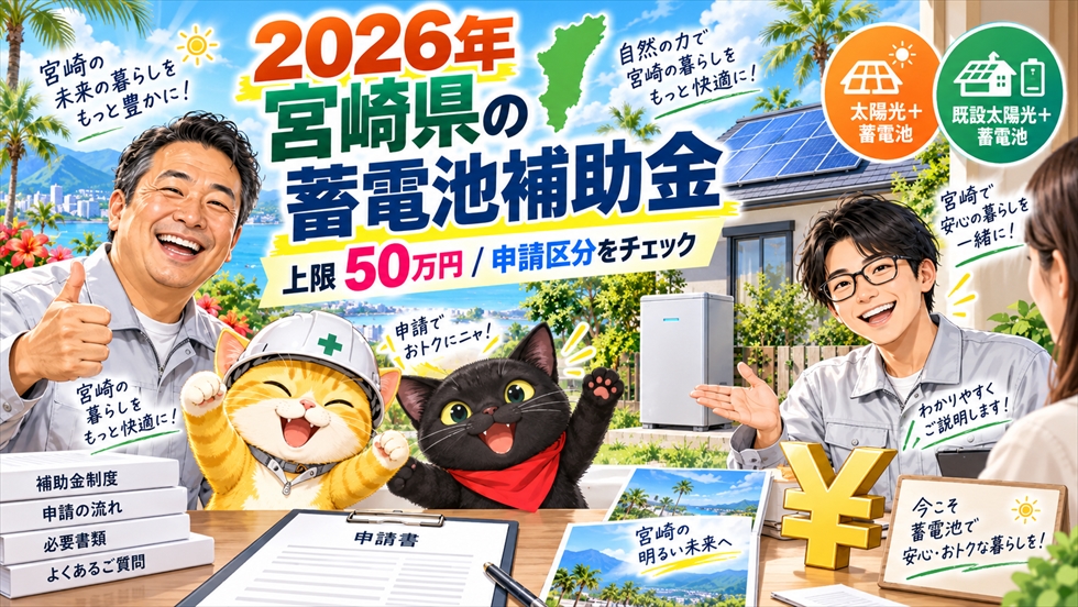 2026年の宮崎県家庭用蓄電池補助金について、上限50万円と太陽光同時導入・蓄電池単体の申請区分を解説するイラスト