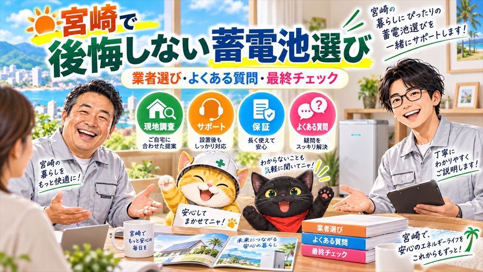 宮崎で家庭用蓄電池の業者を選ぶ際に、現地調査・保証・サポート・よくある質問を確認する相談イラスト