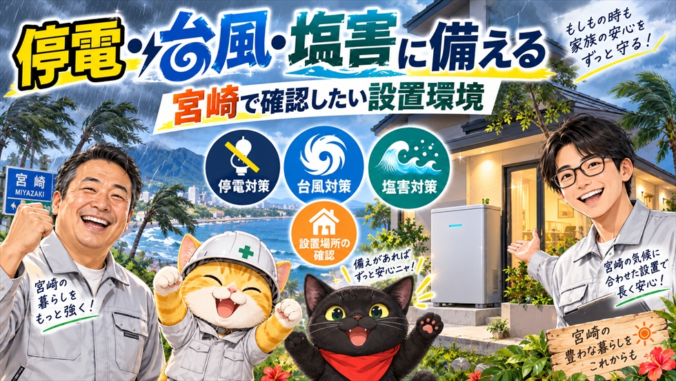 宮崎で家庭用蓄電池を設置する際に確認したい停電・台風・塩害・設置環境への対策を示すイラスト