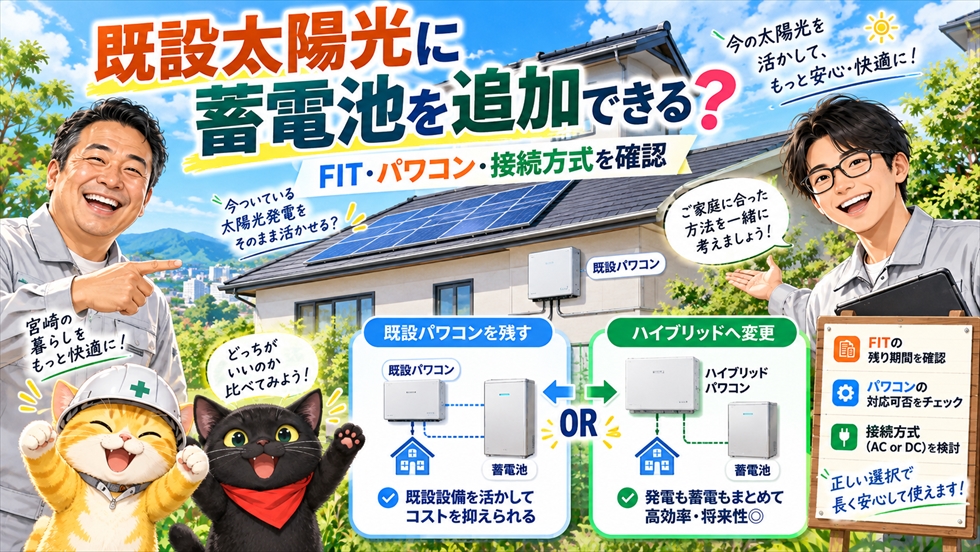 既設太陽光に家庭用蓄電池を追加する際に、既設パワコンの継続利用とハイブリッド化を比較するイラスト