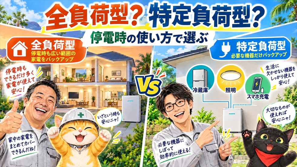 家庭用蓄電池の全負荷型と特定負荷型について、停電時に使える家電や給電範囲の違いを比較するイラスト