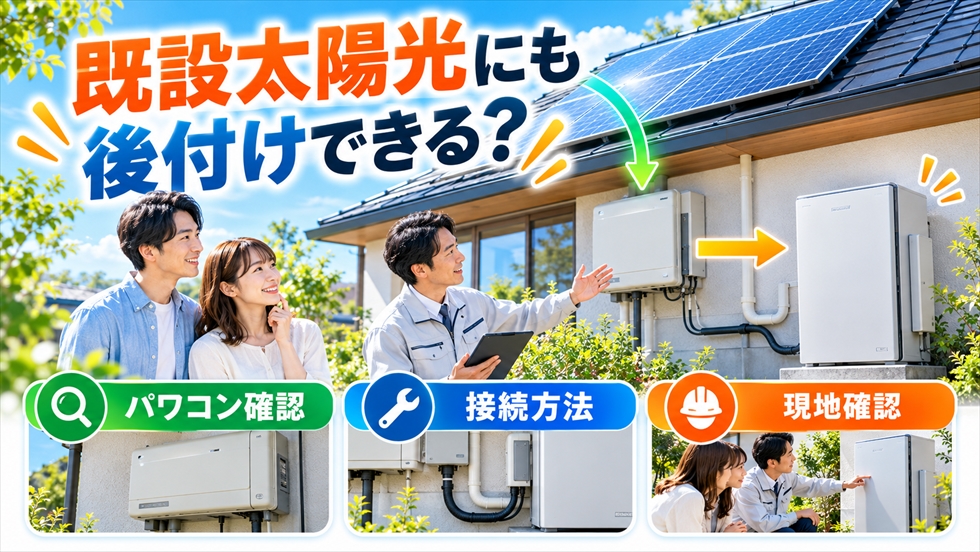 既設太陽光発電に家庭用蓄電池を後付けする際のパワコン確認・接続方法・現地確認を説明するイメージ