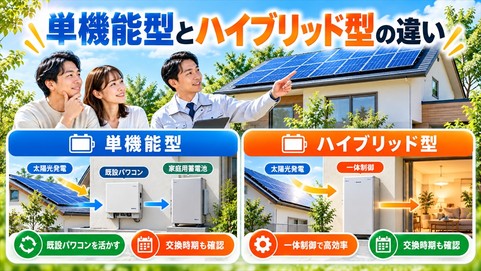 家庭用蓄電池の単機能型とハイブリッド型について太陽光発電との接続方法の違いを比較するイメージ