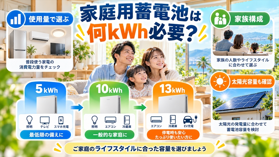 家庭用蓄電池の5kWh・10kWh・13kWhを電気使用量や家族構成、太陽光発電量から比較するイメージ